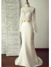 Long Sleeves Ivory Lace Satin Simple Elegant Wedding Dress